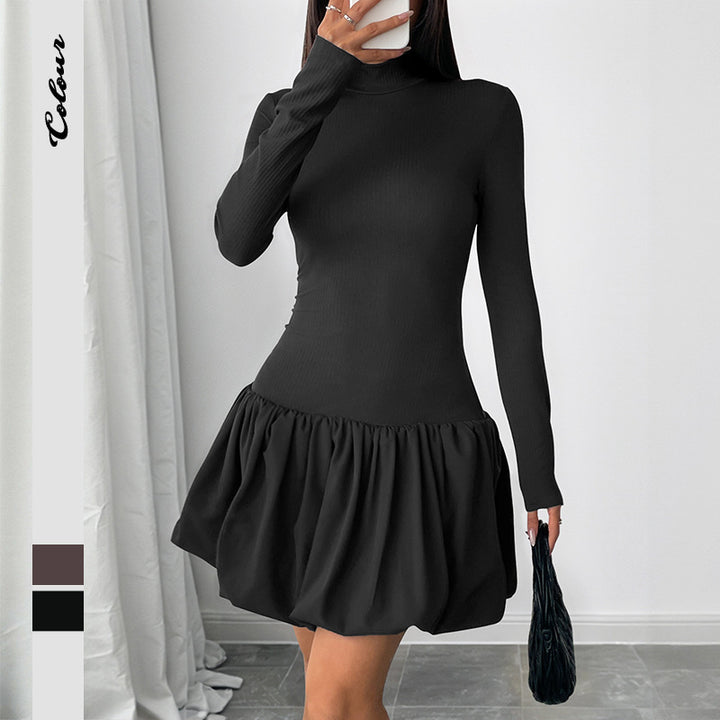 Women Fitted Mini Dress with Ribbed Top, Stand Collar and Gathered Balloon Skirt Mune Fashion