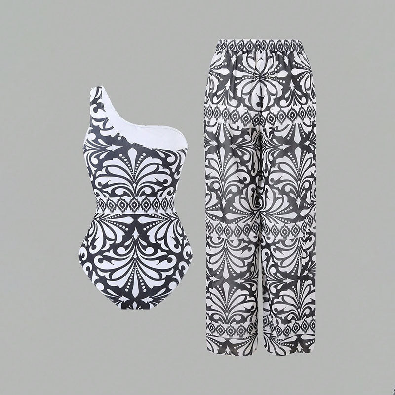 Ladies' One-Piece Swimsuit with Elegant Asymmetrical Design and Matching Pants Mune Fashion