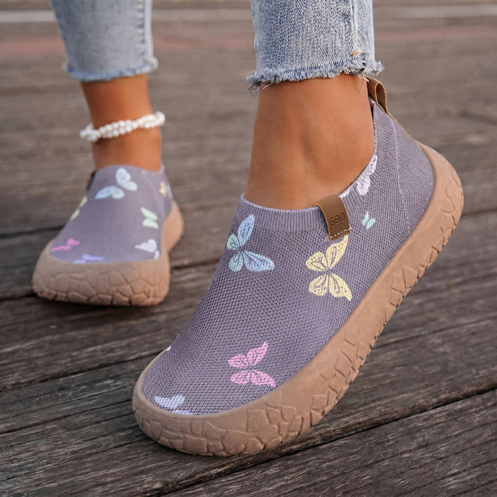 Women's breathable knit slippers with watercolor butterfly print and grippy outdoor sole Mune Fashion