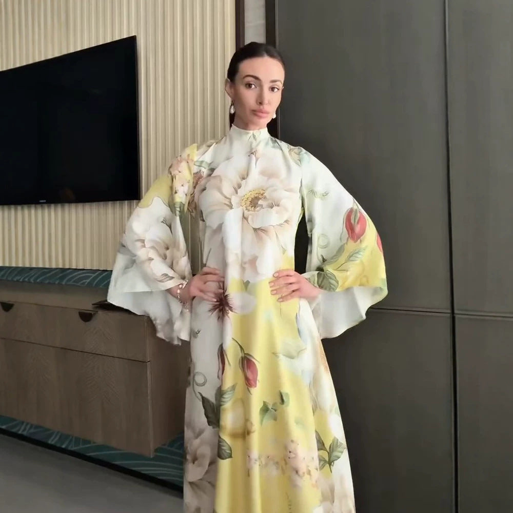 Women Floral Maxi Dress with High Stand Collar and Wide Bell Sleeves Mune Fashion