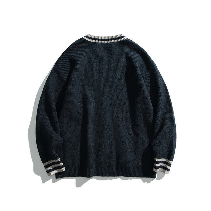 Unisex Oversize Knit Cardigan with Contrast Stripes, V-Neck and Patch Pockets Mune Fashion