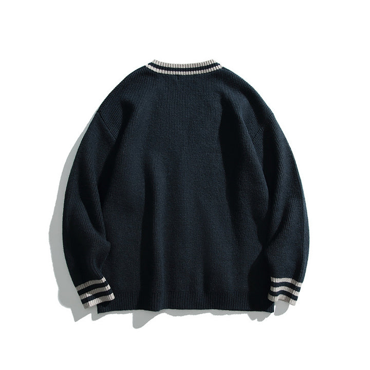 Unisex Oversize Knit Cardigan with Contrast Stripes, V-Neck and Patch Pockets Mune Fashion