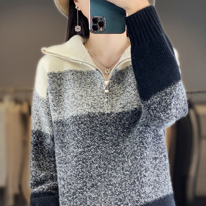 Women's Oversize Knit Sweater with Half Zip, Mélange Block Stripes and Soft Pile Mune Fashion