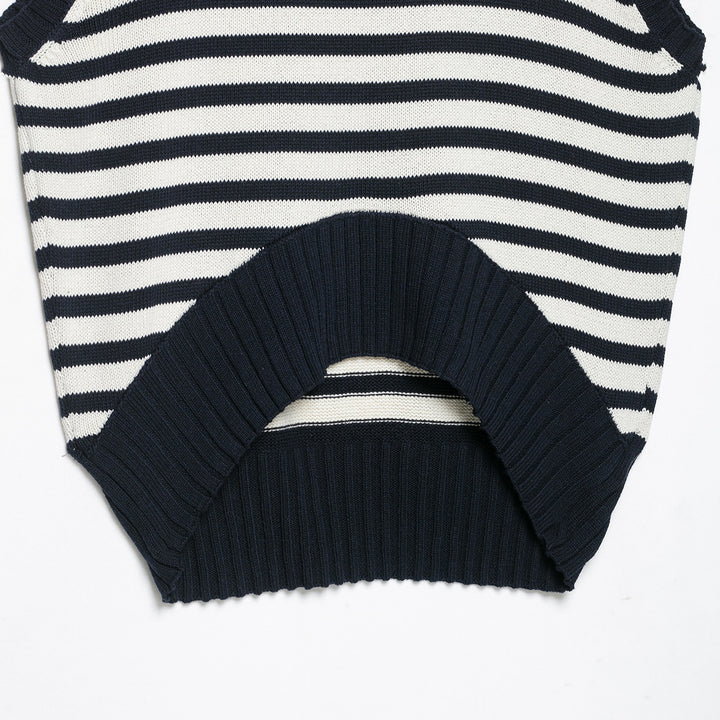 Women's Striped Knit Vest with Round Neck and Wide Ribbed Cuff Mune Fashion