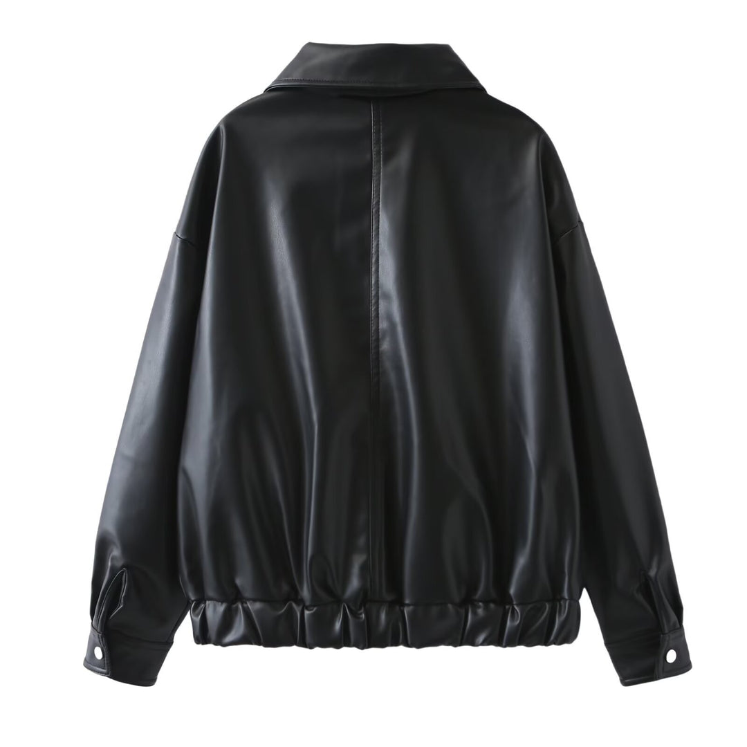 Women's Oversize Faux Leather Bomber Jacket with Zipper, Elastic Hem and Flap Pockets Mune Fashion