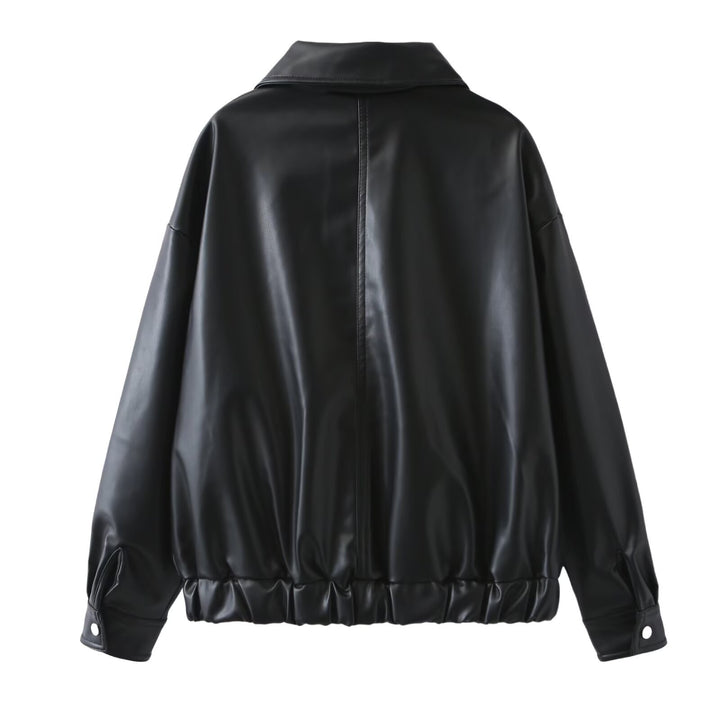 Women's Oversized Faux Leather Bomber Jacket with Zipper, Flap Pockets and Elastic Hem Mune Fashion