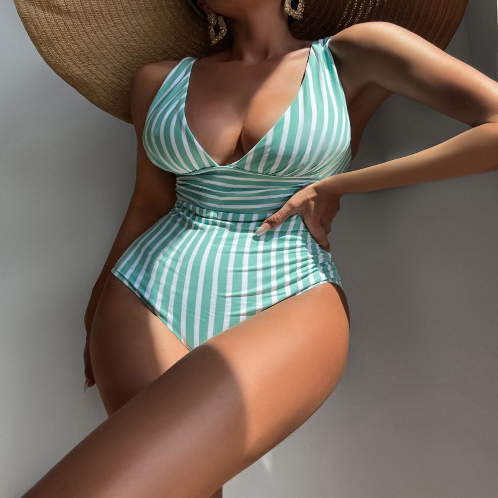 Women Elegant V-Neck One-Piece with Striped Design Mune Fashion
