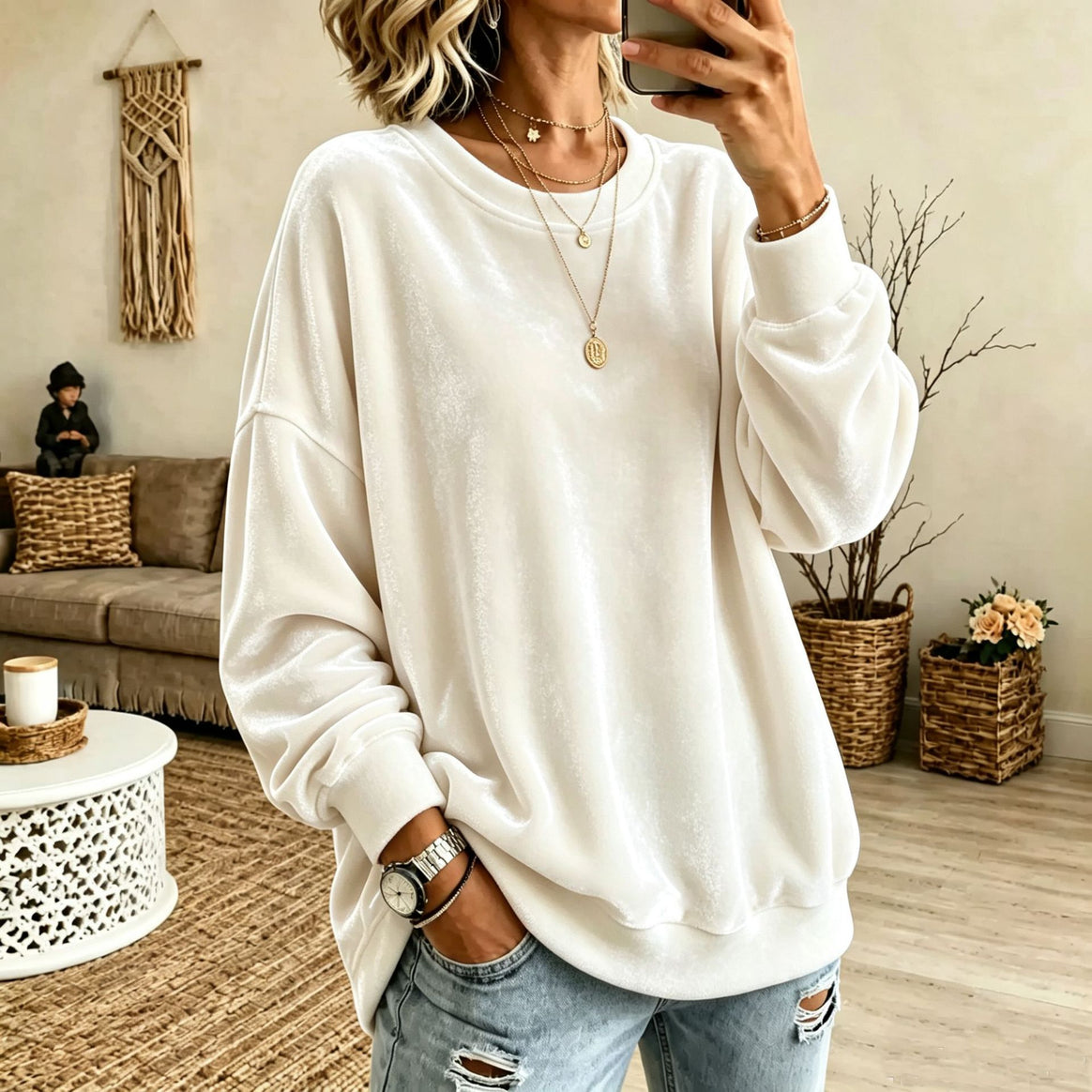 Women Oversized Velvet Sweater with Loose Fit and Ribbed Hem Mune Fashion