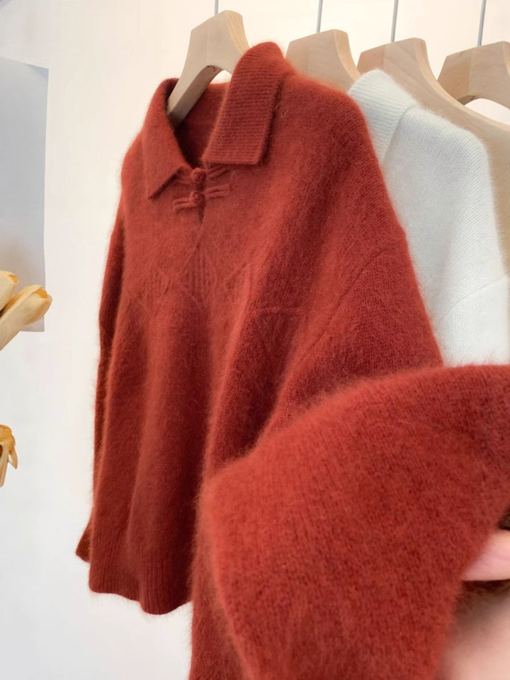 Women’s polo collar pullover in mohair look with ajour cable pattern, dropped shoulder and wide silhouette Mune Fashion