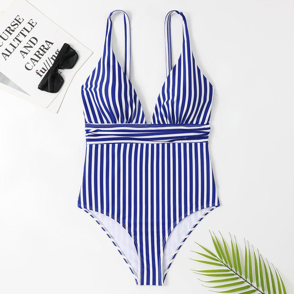 Women's One-Piece Swimsuit with Deep V-Neck and Fashionable Stripes Mune Fashion