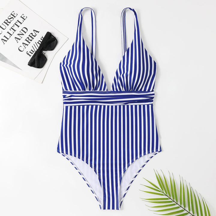 Women's One-Piece Swimsuit with Deep V-Neck and Fashionable Stripes Mune Fashion