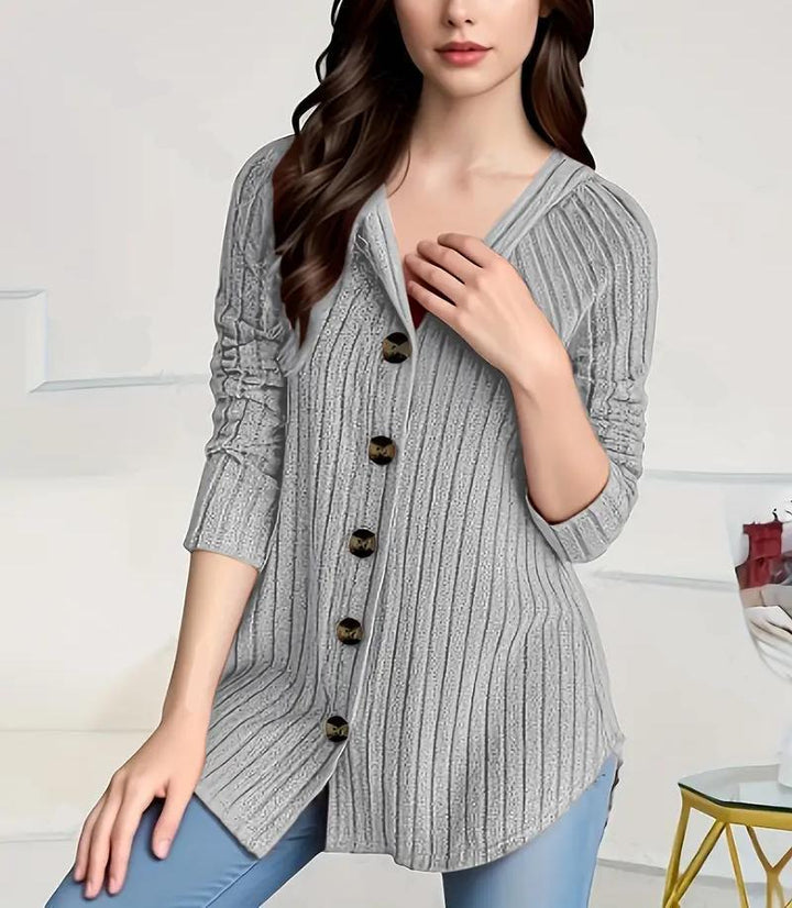 Women's concealing ribbed knit cardigan with V-neck and decorative buttons Mune Fashion