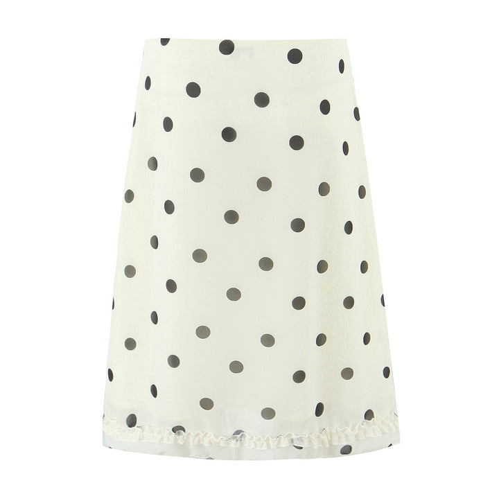 Women's midi skirt made of flowing chiffon with polka dots and ruffle trim Mune Fashion