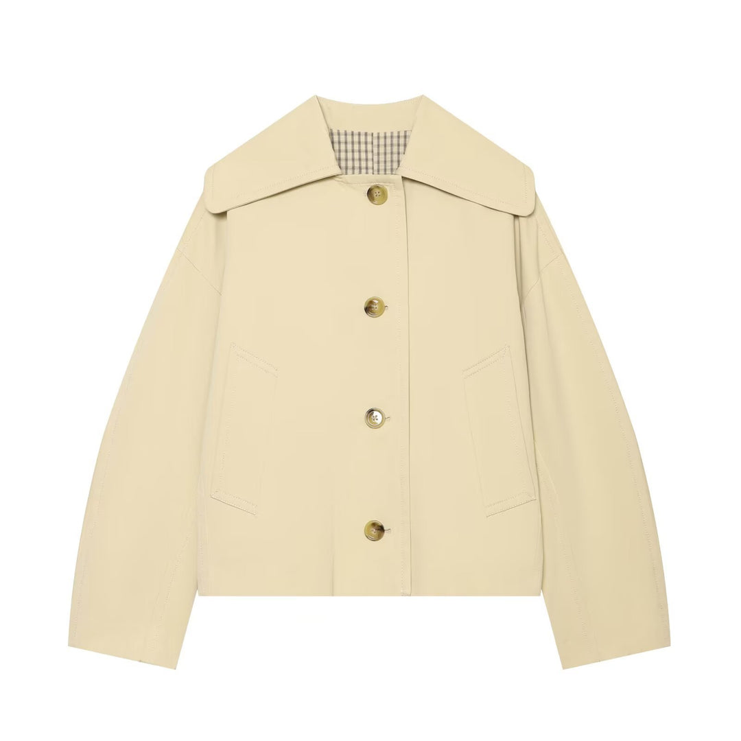 Women's Cropped Utility Blouse with Oversized Lapel Collar and Horn Button Front Drune