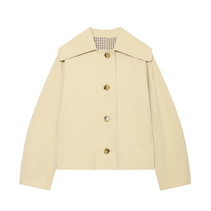 Women's Cropped Utility Blouse with Oversized Lapel Collar and Horn Button Front Drune