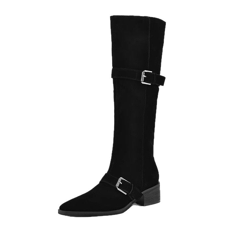 Women's Knee-High Suede Slouch Boots with Pointed Toe, Adjustable Decorative Buckles, and Comfortable Block Heel Mune Fashion
