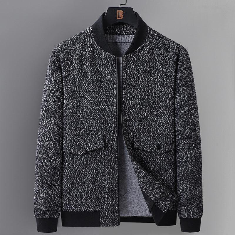 Men’s structured knit bomber jacket with applied patch pockets, ribbed cuffs, and discreet zipper Mune Fashion