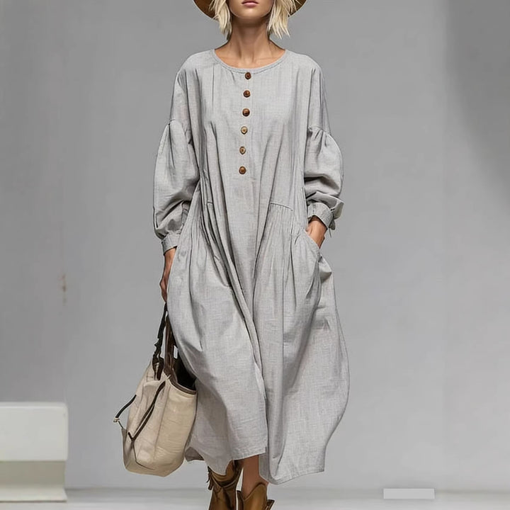 Women's Casual Midi Dress with Button Placket, Balloon Sleeves and Side Pockets Mune Fashion