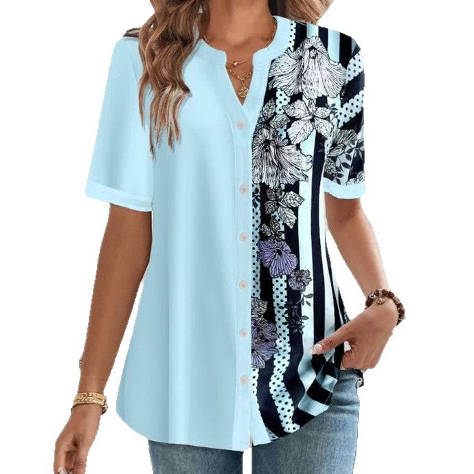 Women two-piece shirt blouse with asymmetrical pattern mix, button placket and loose hip length Mune Fashion