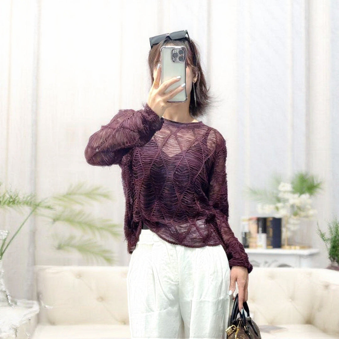 Women's Fashionable Knitted Sweater with Open Stitches Mune Fashion