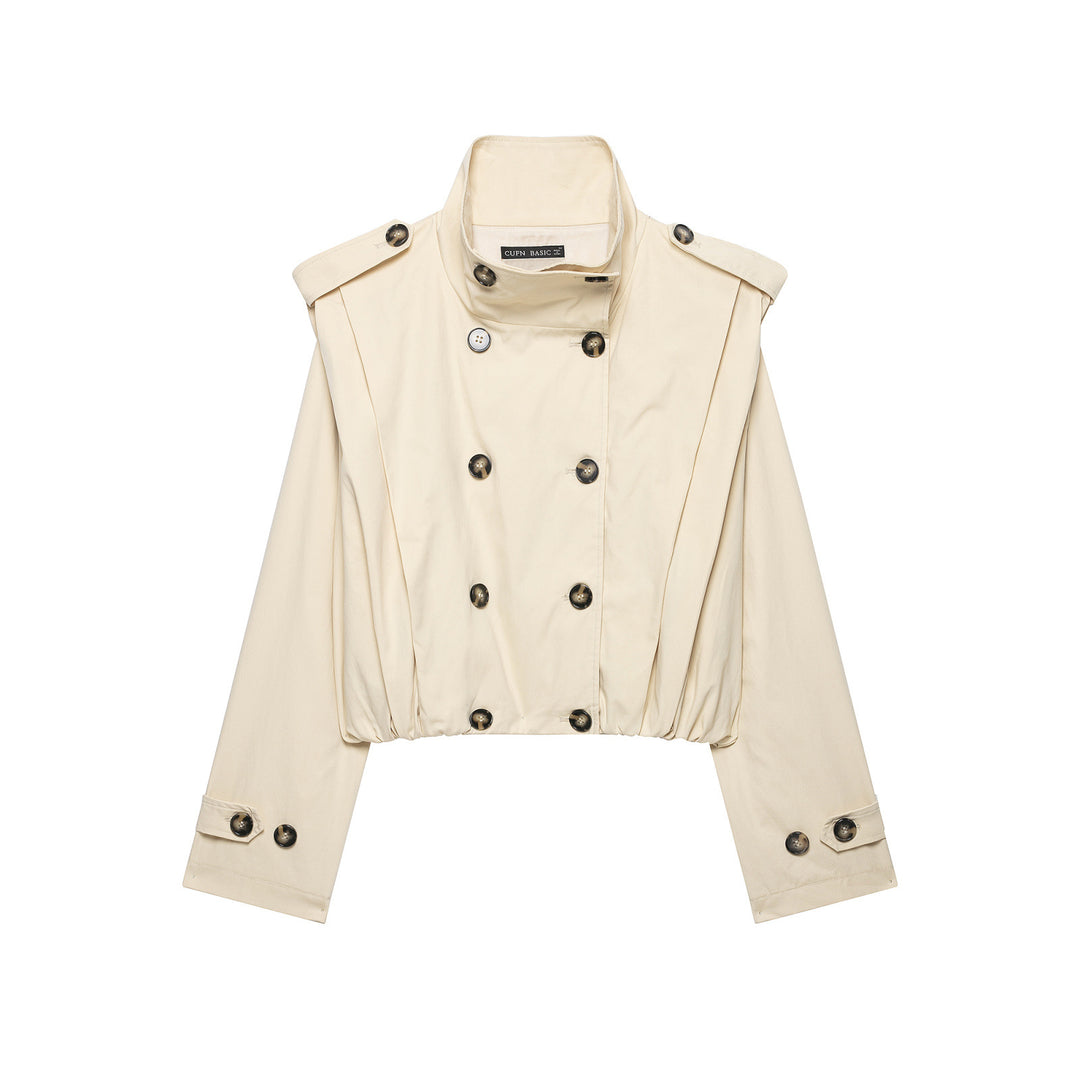 Women's Short Double-Breasted Trench Jacket with Stand Collar, Epaulettes and Elastic Hem