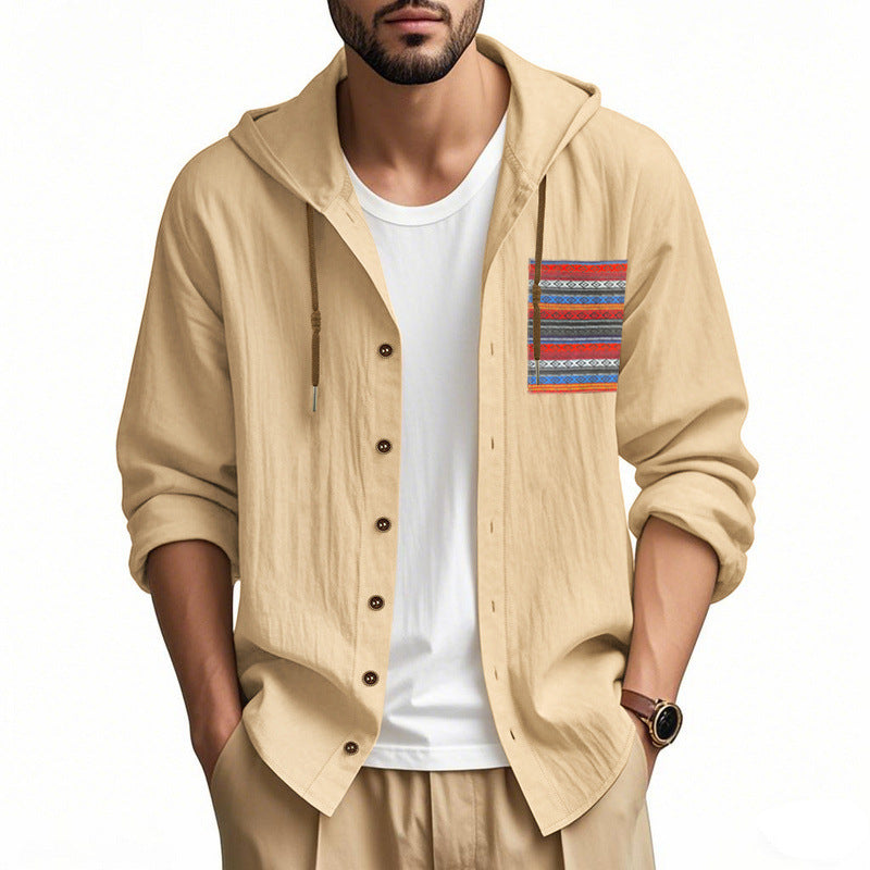 Men's lightweight hooded shirt jacket made of structured cotton blend with ethnic chest pocket and button placket Mune Fashion
