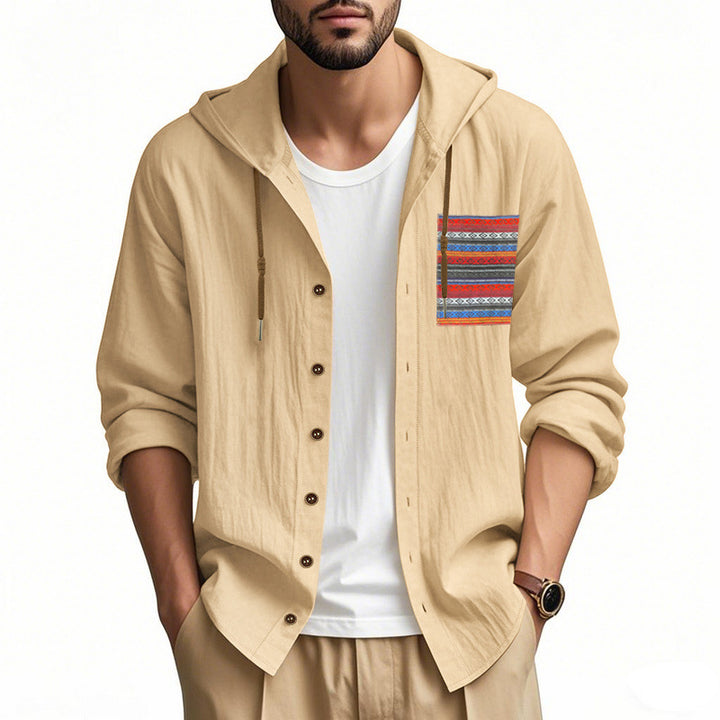 Men's lightweight hooded shirt jacket made of structured cotton blend with ethnic chest pocket and button placket Mune Fashion