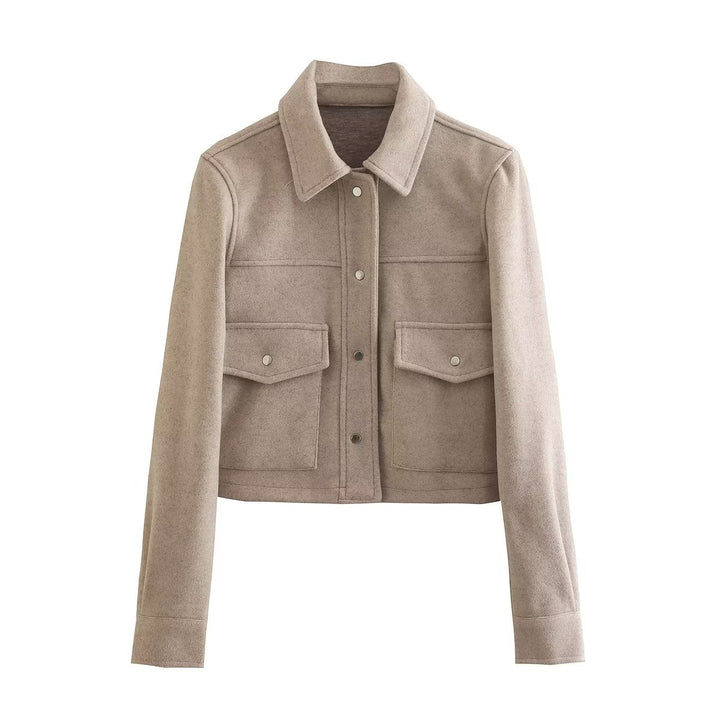 Women’s short structured jacket in boxy style with shirt collar and patch pockets Mune Fashion