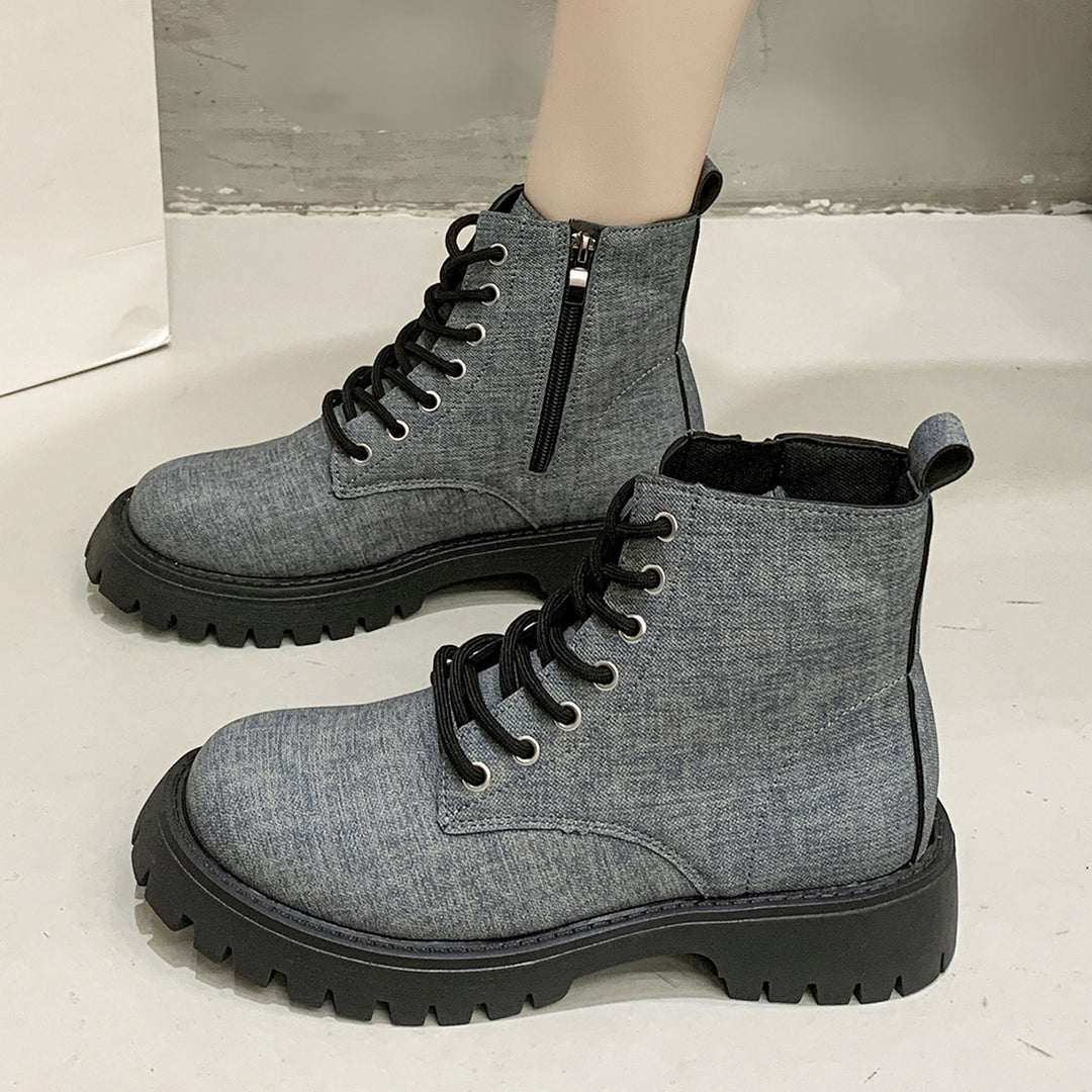 Ladies Chunky Combat Ankle Boots made of denim look with robust profiled sole and side zipper Mune Fashion