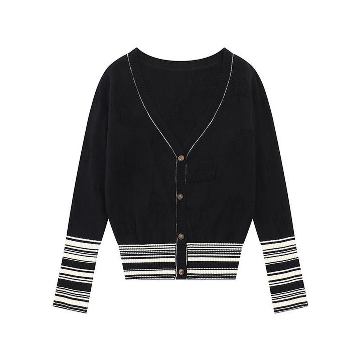 Ladies cardigan with V-neck, fine jacquard pattern and contrasting cuffs Mune Fashion