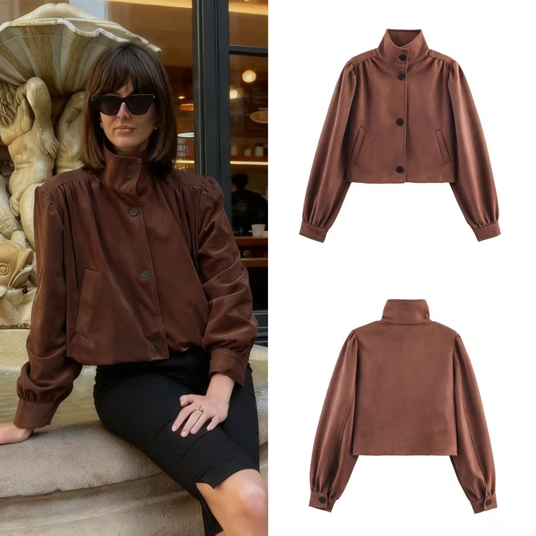 Women's short-cut suede-look jacket with stand-up collar, balloon sleeves, and pocket flaps Mune Fashion