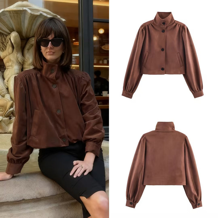 Women's short-cut suede-look jacket with stand-up collar, balloon sleeves, and pocket flaps Mune Fashion