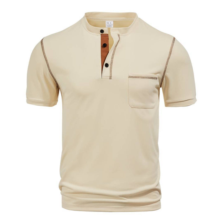 Men's short-sleeved Henley shirt with stand-up collar, chest pocket, and contrasting decorative stitching Mune Fashion