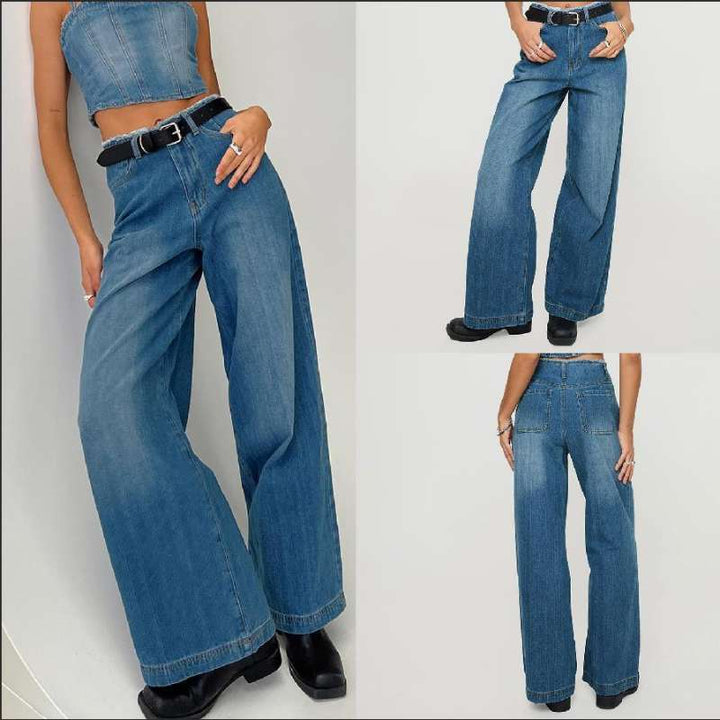 Women's high-waisted wide-leg jeans with raw waist, extra wide leg, and five-pocket design Mune Fashion