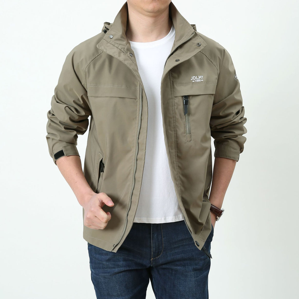Men's Lightweight Softshell Utility Jacket with Hood, Windproof Shell and Multiple Pockets Mune Fashion