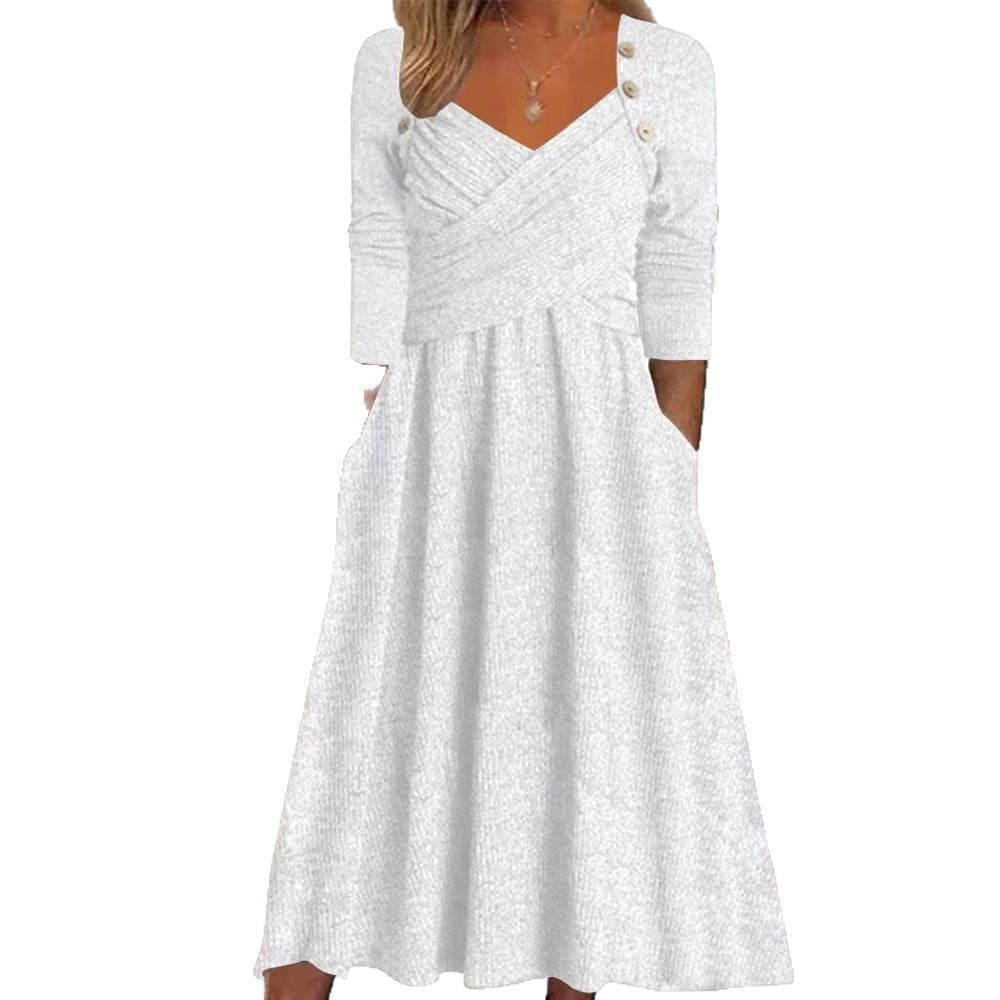Women's knitted maxi dress with wrap top V-neck, side pockets and decorative button placket Mune Fashion
