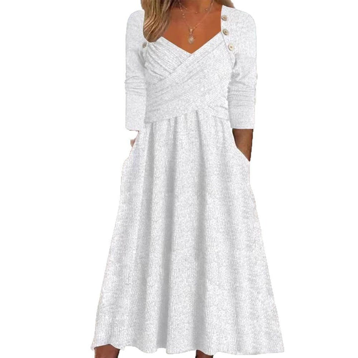 Women's knitted maxi dress with wrap top V-neck, side pockets and decorative button placket Mune Fashion