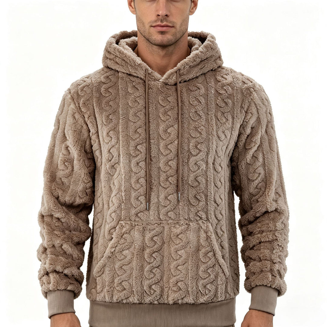 Men's Sherpa Hoodie with Cable Knit Pattern, Kangaroo Pocket and Ribbed Cuffs Mune Fashion