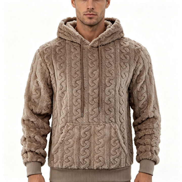 Men's Sherpa Hoodie with Cable Knit Pattern, Kangaroo Pocket and Ribbed Cuffs Mune Fashion