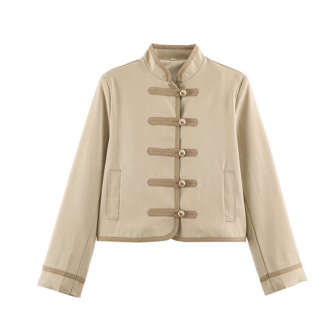 Women's Cropped Stand Collar Jacket with Decorative Toggle Fastenings and Boxy Cut Mune Fashion