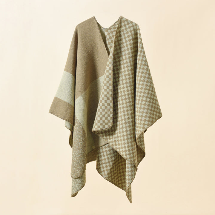 Women's Reversible Checked Pattern Cape Poncho made of Wool Blend with Boxy Oversized Fit Mune Fashion