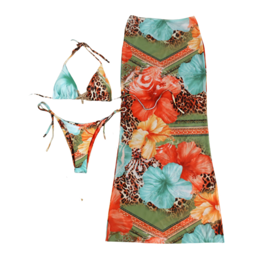 Ladies bikini set with colorful floral design and elegant cover-up Mune Fashion