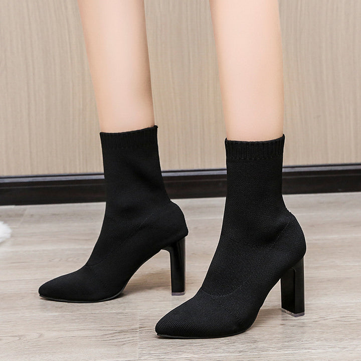 Women's knitted sock ankle boots with pointed toe and sculptural block heel Mune Fashion