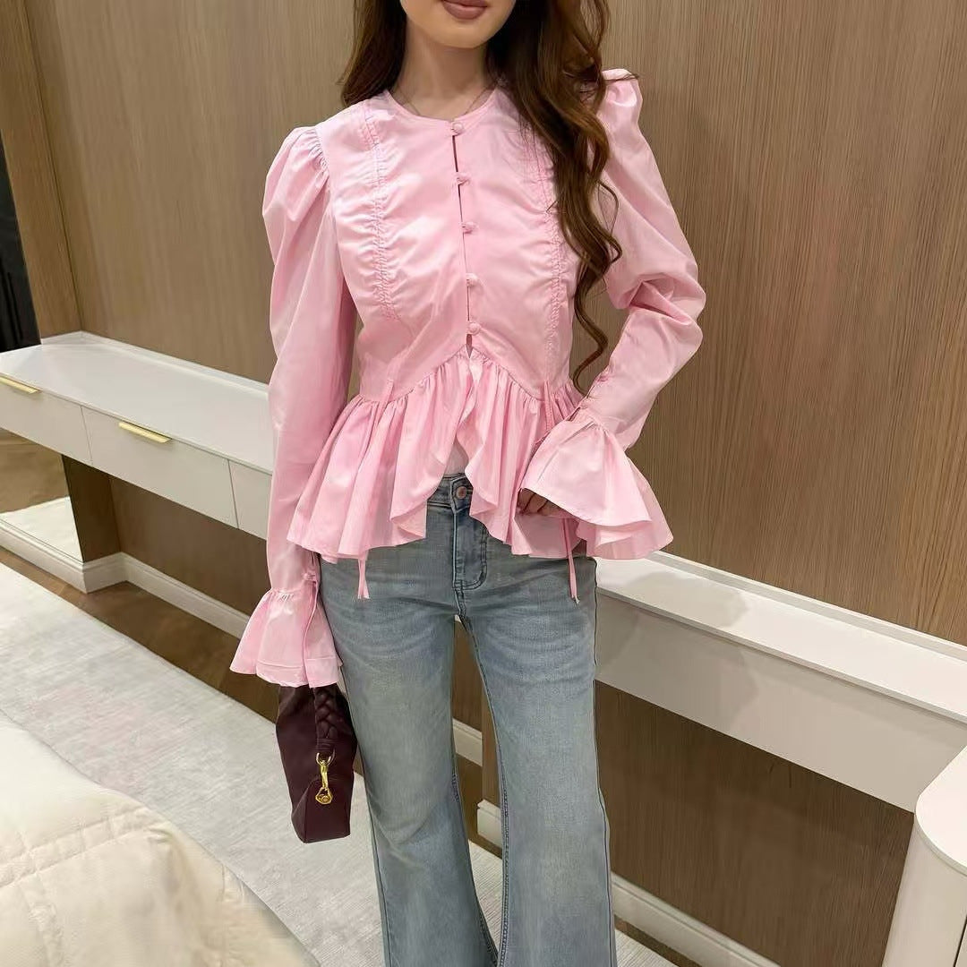 Women's Ruffle Blouse with Drawstring, Gathered Placket and Flounce Hem Mune Fashion