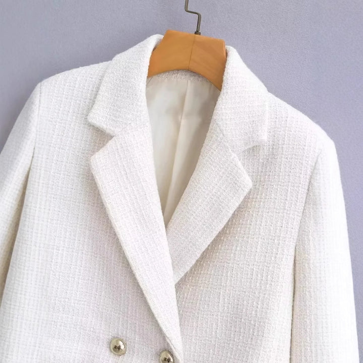 Women's short bouclé cropped jacket with lapel collar and decorative metal buttons Mune Fashion