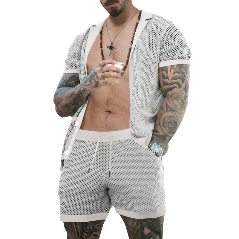 Men's open mesh knit cardigan with matching drawstring shorts Mune Fashion