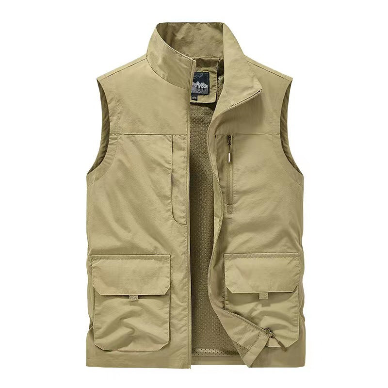 Men's Multifunctional Utility Vest with Stand-up Collar and Multiple Pockets Mune Fashion