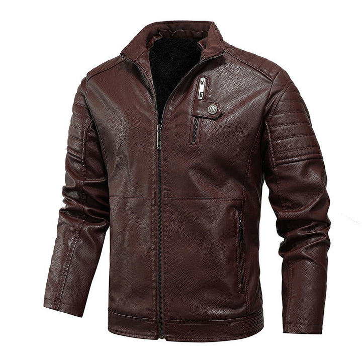 Men's slim artificial leather field blazer with stand-up collar, chest flap pockets, and zipper Mune Fashion