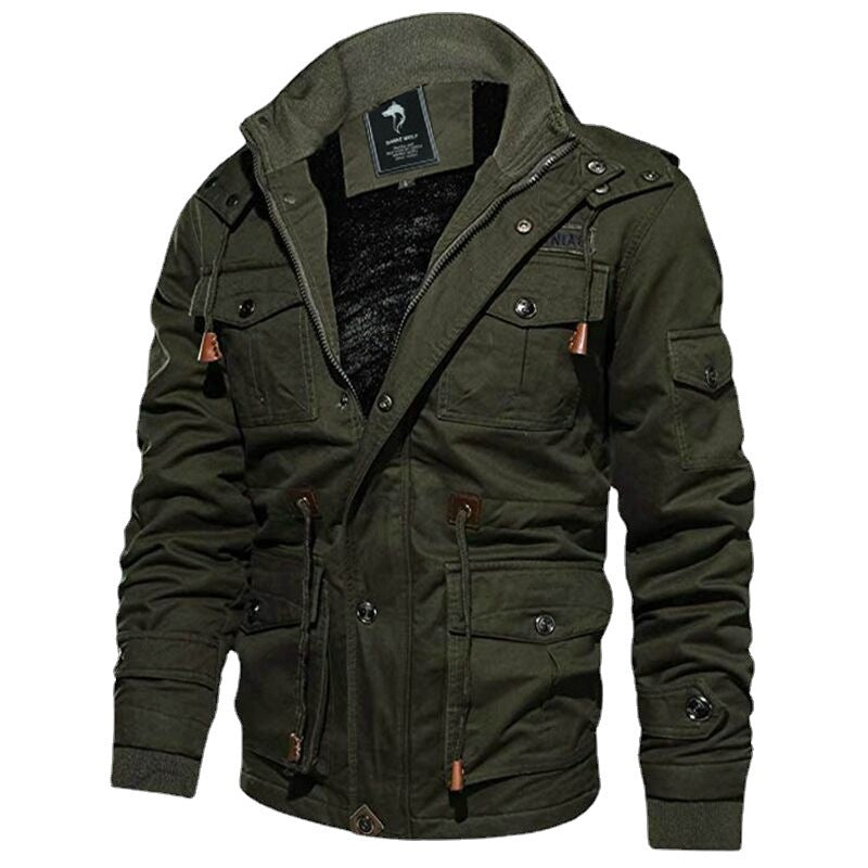 Men's Military-Inspired Canvas Field Jacket with Hood, Drawstring Waist and Fleece Lining Mune Fashion