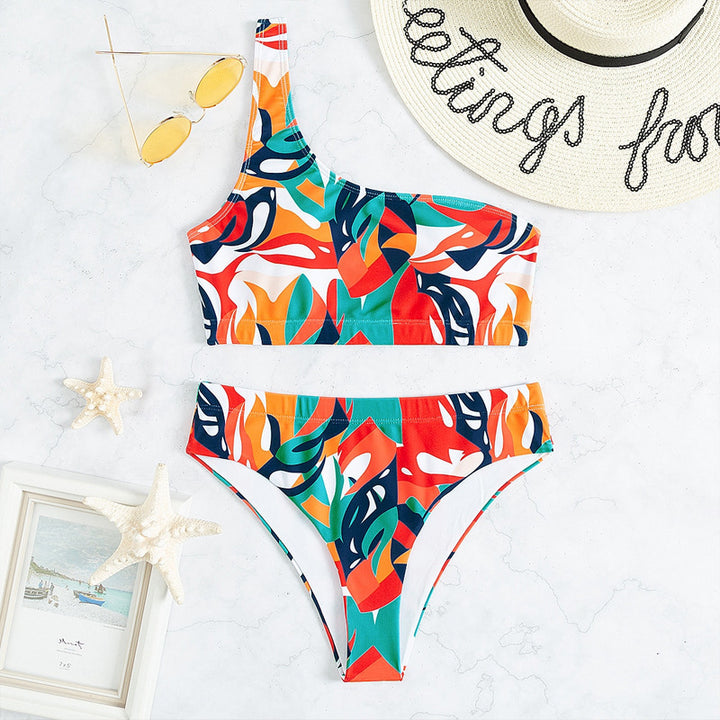 Women's One-Sided Bikini with Floral Design and High Leg Cut Mune Fashion